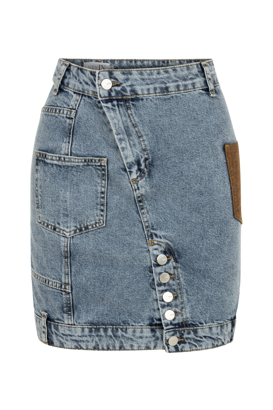 Kadife Cep Detaylı Denim Etek