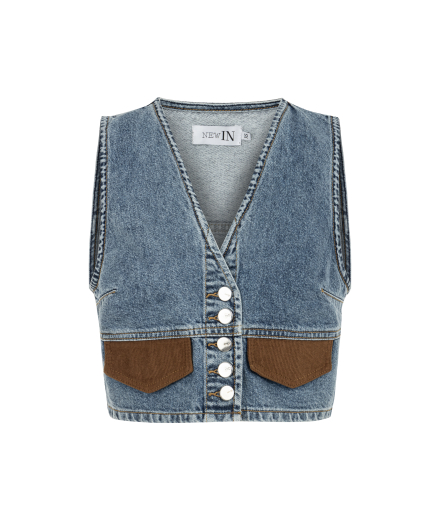Kadife Cep Detaylı Denim Yelek