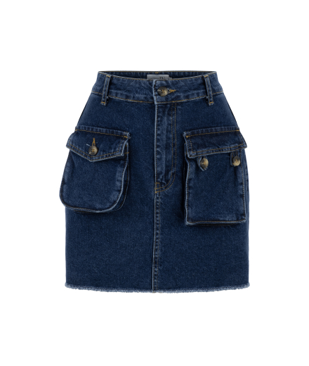 Ön Cep Detaylı Lacivert Denim Mini Etek