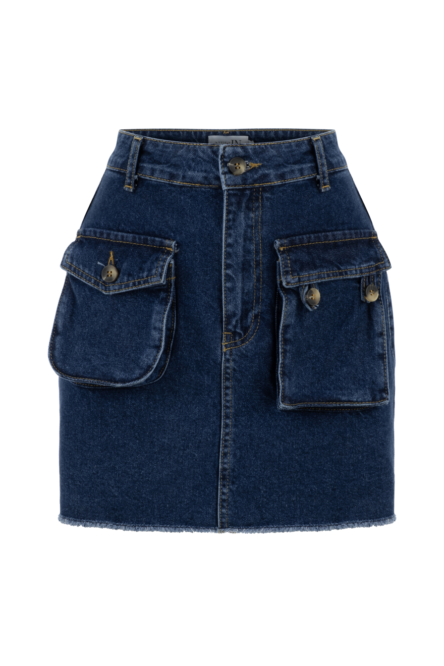 Ön Cep Detaylı Lacivert Denim Mini Etek