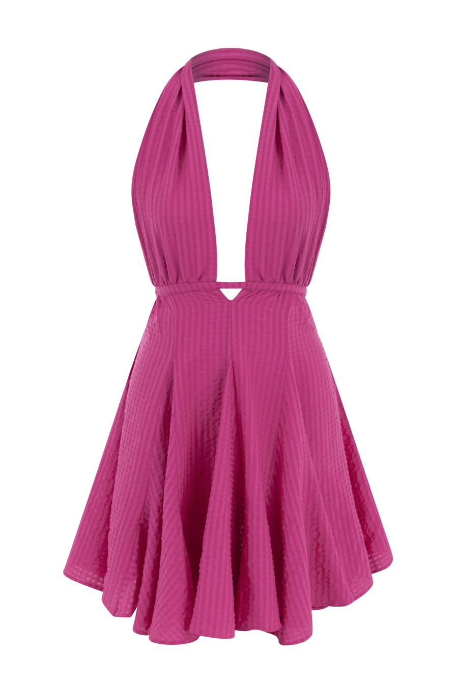 Göğüs Dekolteli Volanlı Pembe Mini Elbise