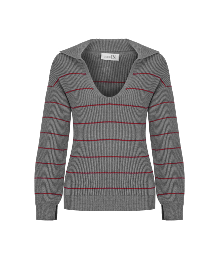 Fitilli Polo Yaka Gri Bordo Çizgili Kazak | Special Edition