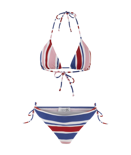Pembe Kırmızı Mavi Asimetrik Çizgili Bikini Takım