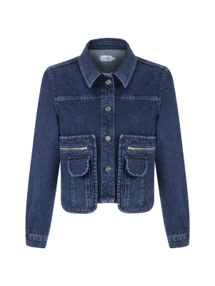 Cep Detaylı Lacivert Denim Ceket