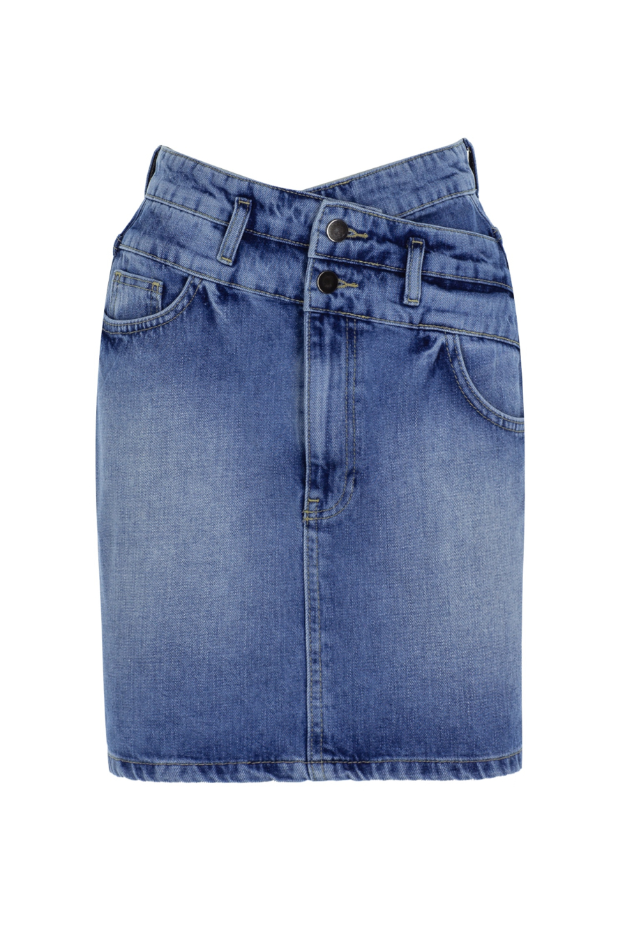 Bel Detaylı Buz Mavisi Denim Etek