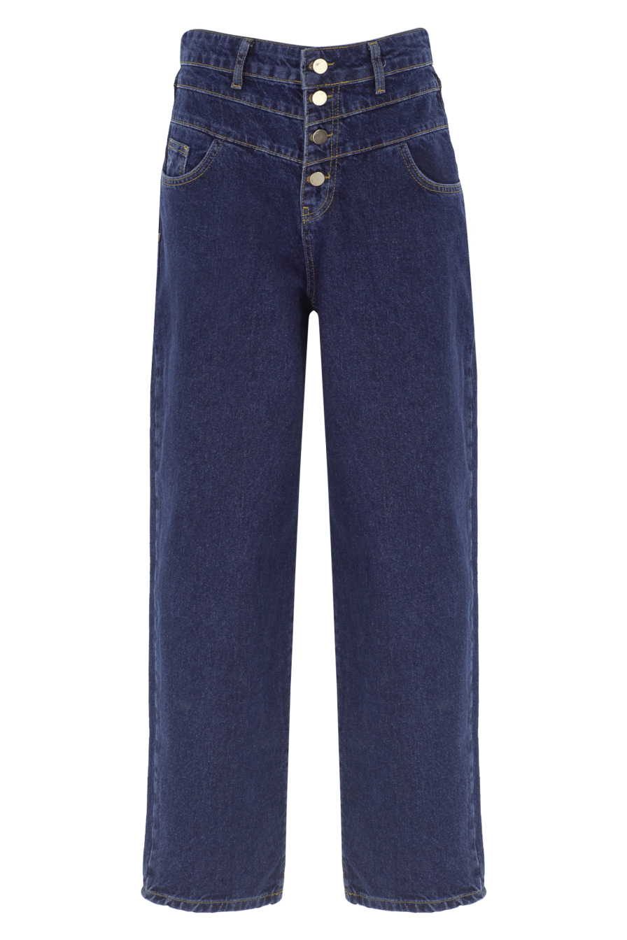 Düğme Detaylı Lacivert Denim Pantolon
