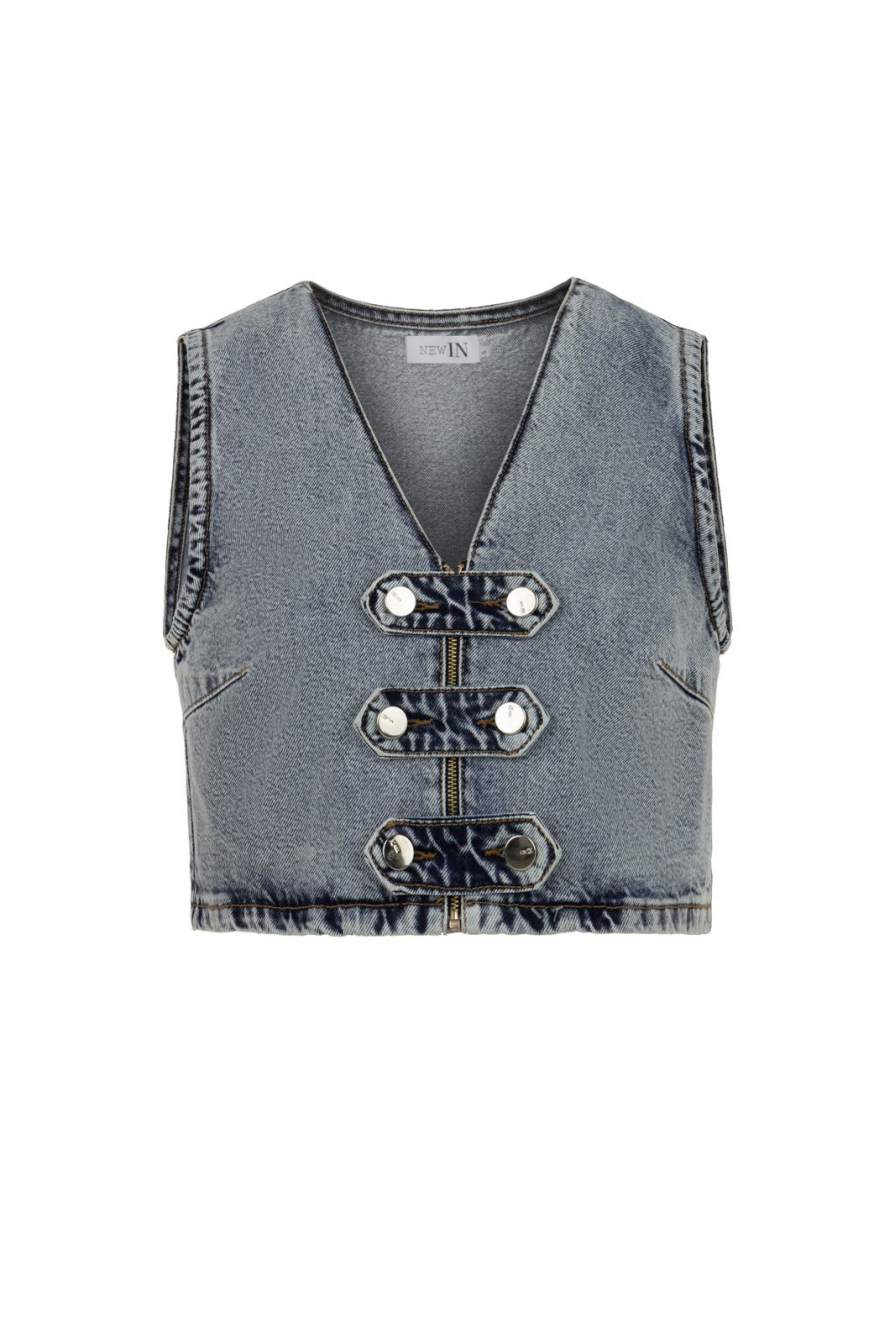 Apoletli Buz Mavisi Denim Yelek