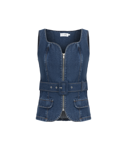 Kemerli Lacivert Denim Yelek