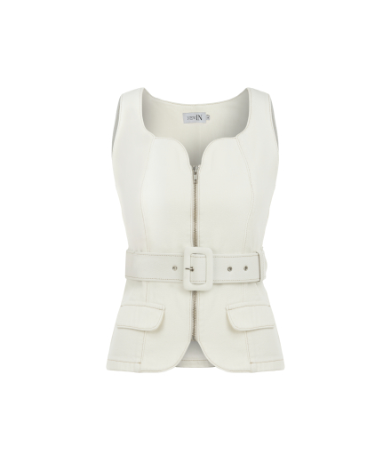 Kemerli Beyaz Denim Yelek