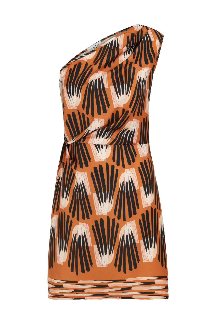 Tek Omuz Turuncu Desenli Mini Elbise