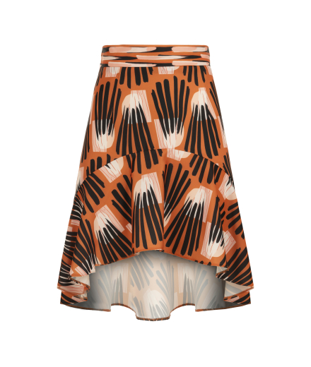 Önü Kısa Arkası Uzun Turuncu Desenli Etek