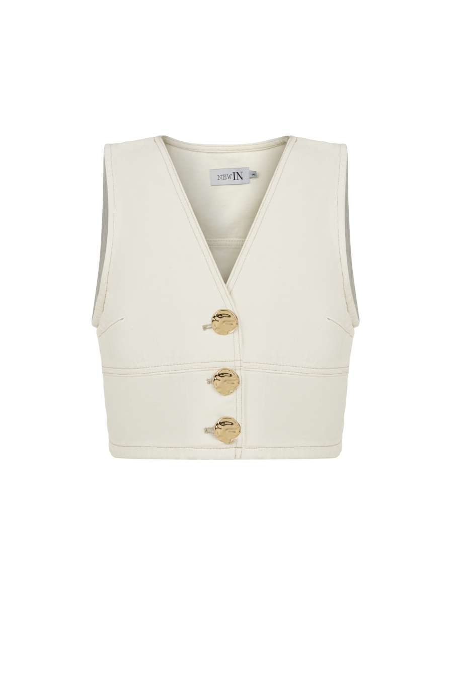 Gold Düğmeli Beyaz Denim Yelek