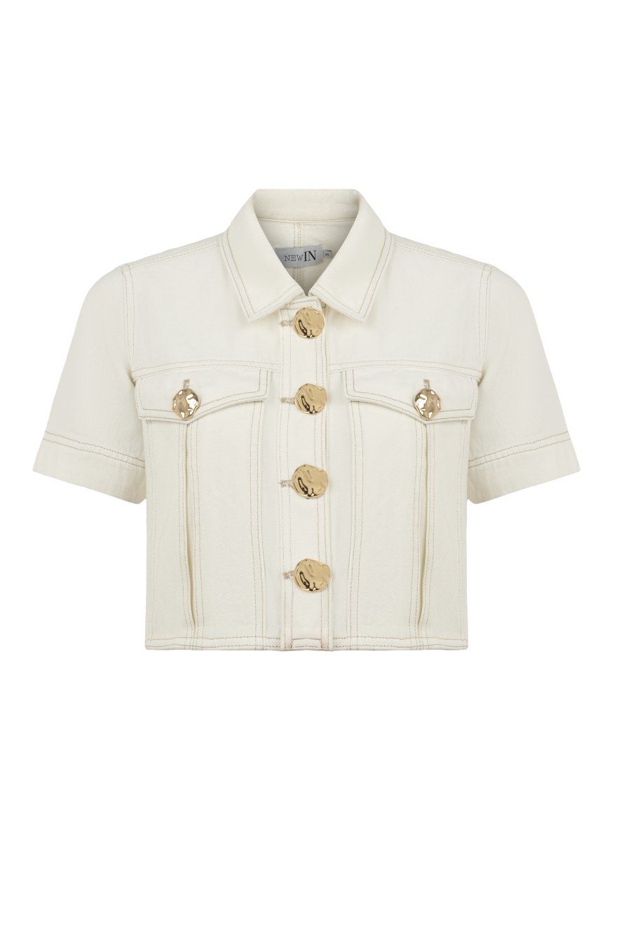 Gold Düğmeli Beyaz Denim Ceket