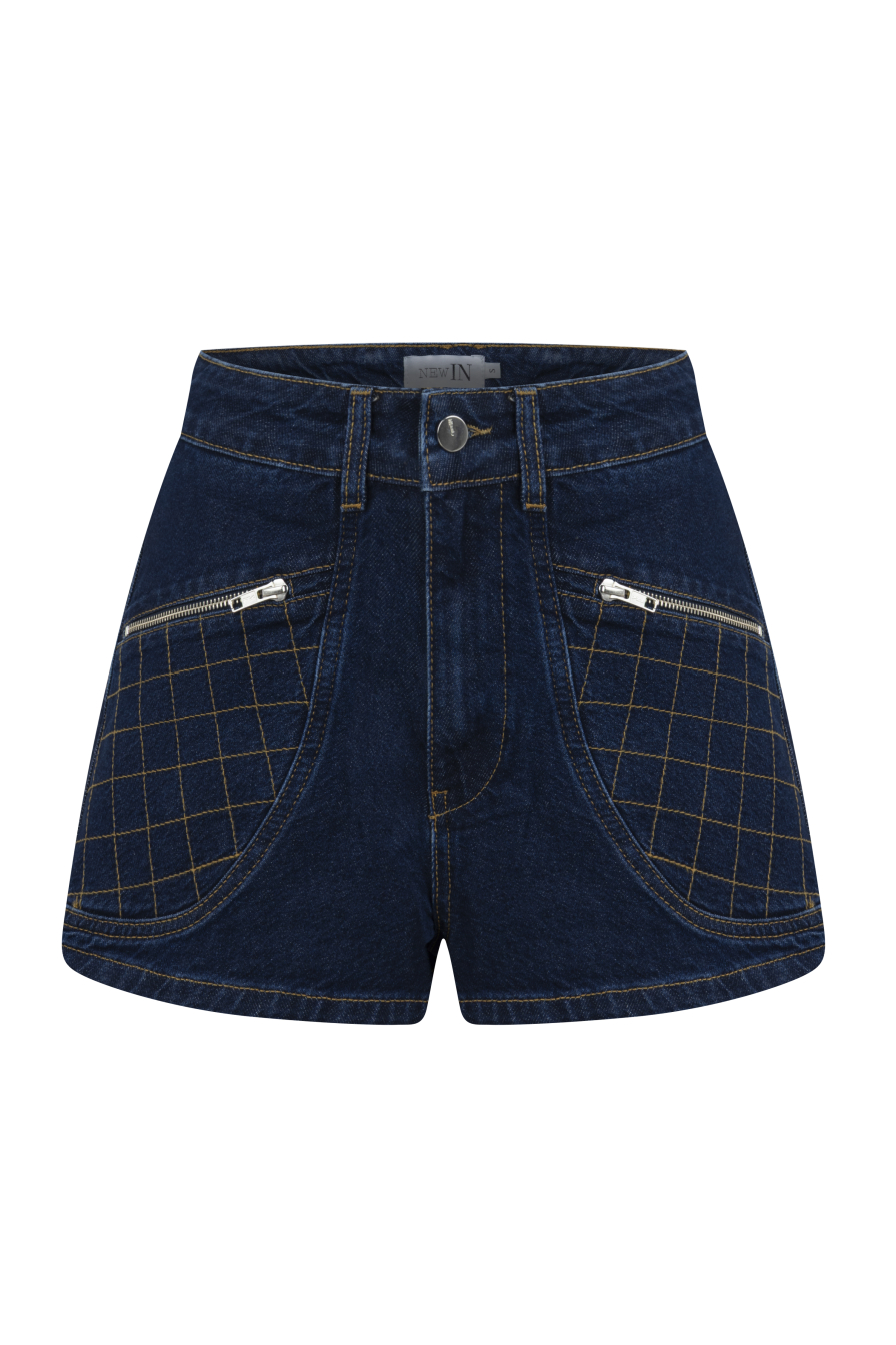 Brode Detaylı Lacivert Denim Şort