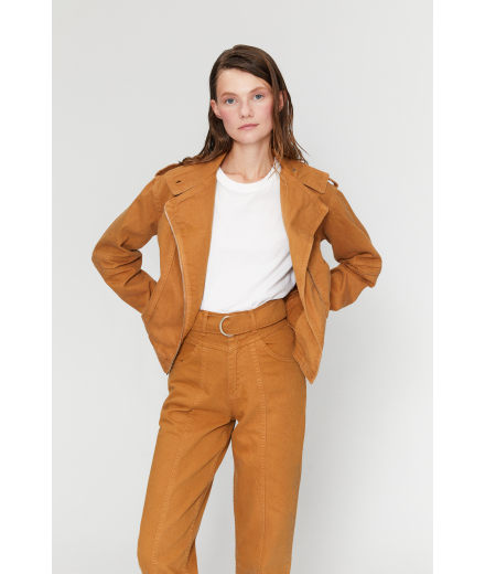 Yakalı Fermuarlı Camel Denim Ceket
