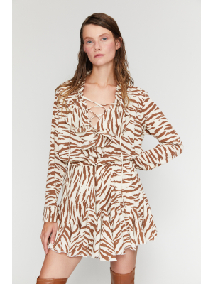 Kahverengi Zebra Desenli Derin V Yaka Bluz