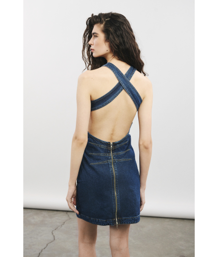 Sırt Dekolteli Lacivert Denim Mini Elbise