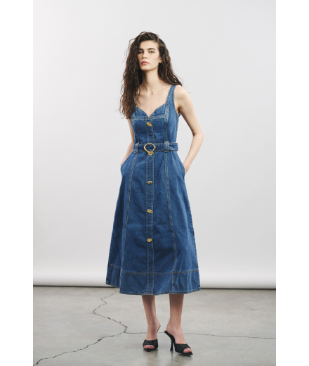 Askılı Denim Midi Elbise
