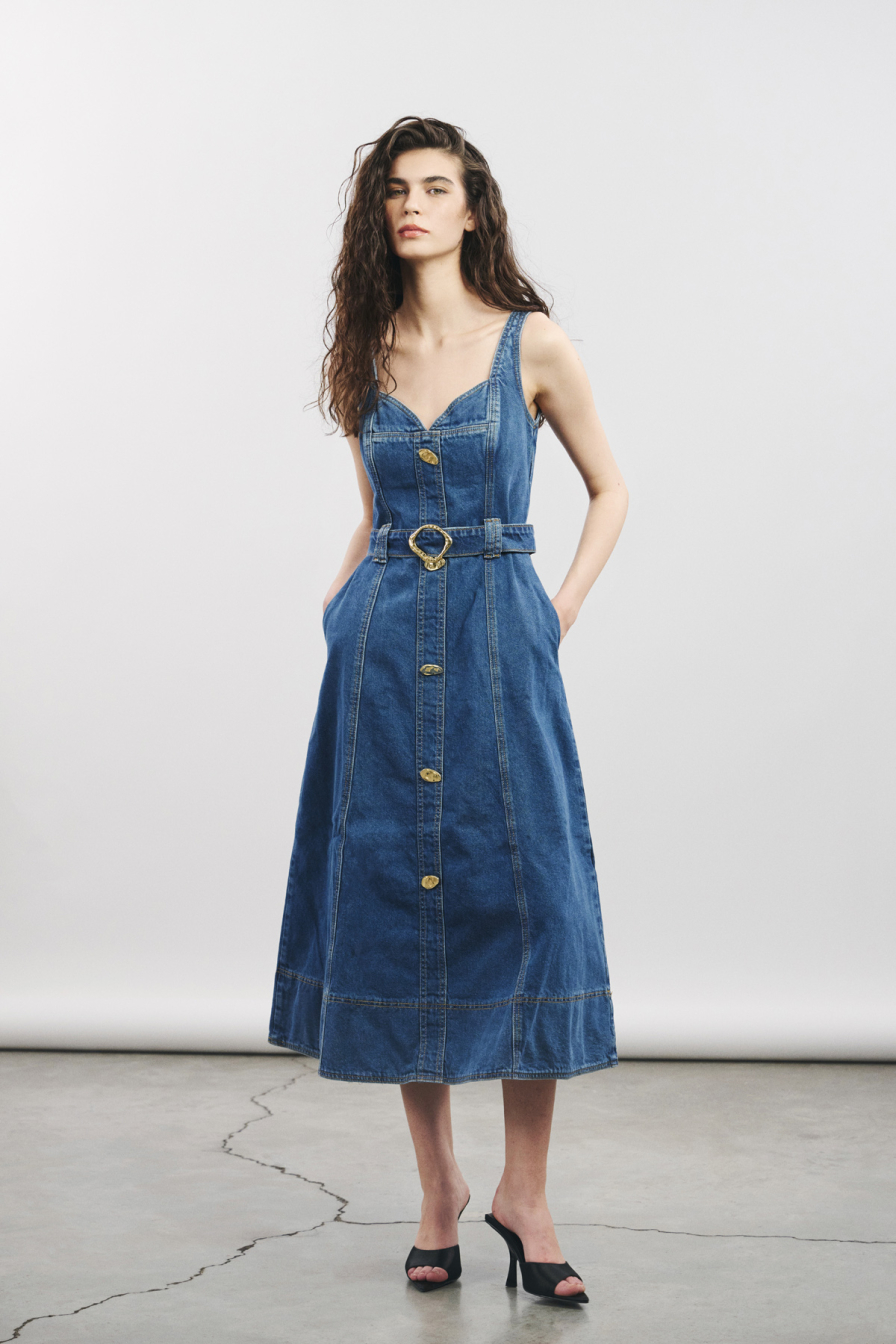 Askılı Denim Midi Elbise