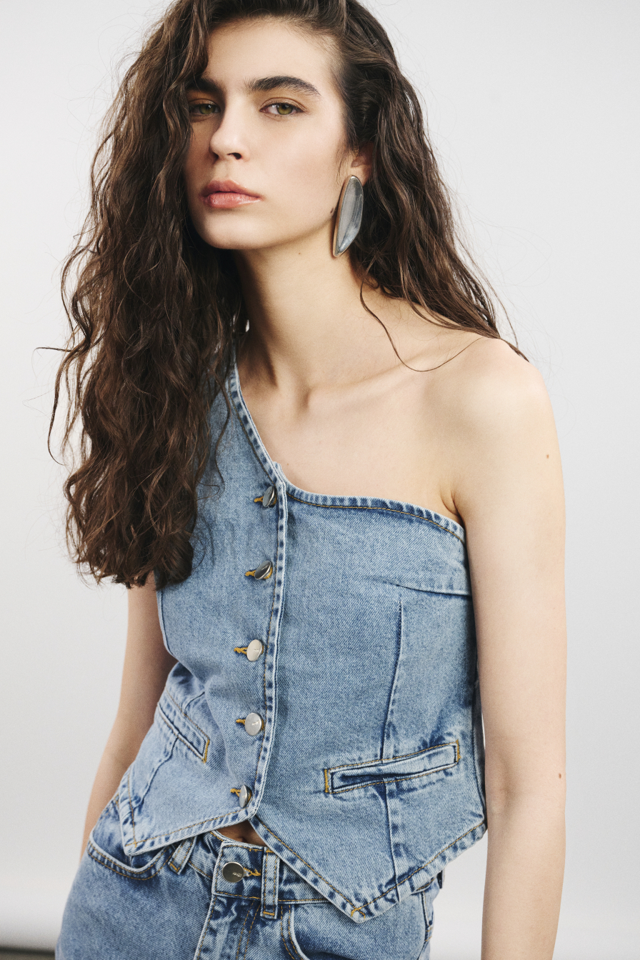 Buz Mavisi Tek Omuz Denim Yelek