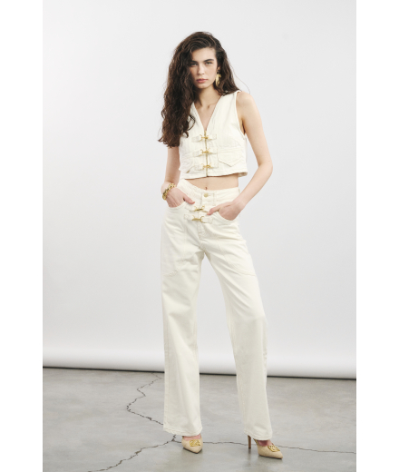 Kancalı Beyaz Denim Pantolon