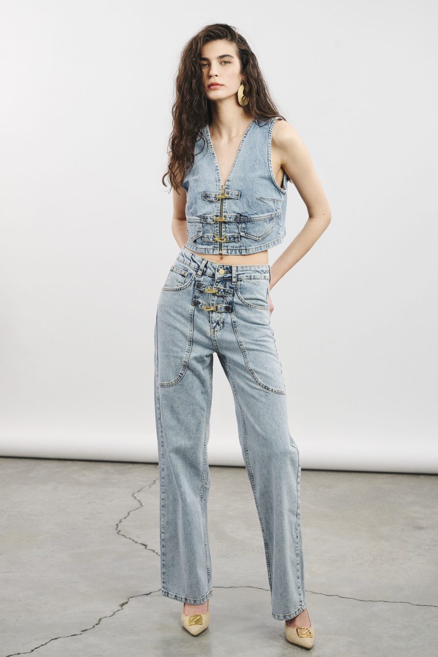 Kancalı Mavi Denim Pantolon