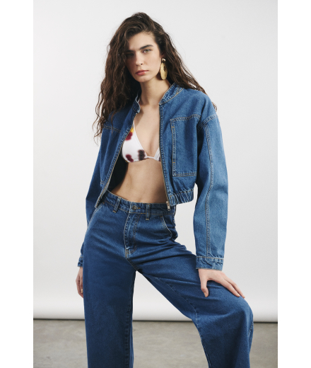 Lacivert Kısa Bomber Denim Ceket
