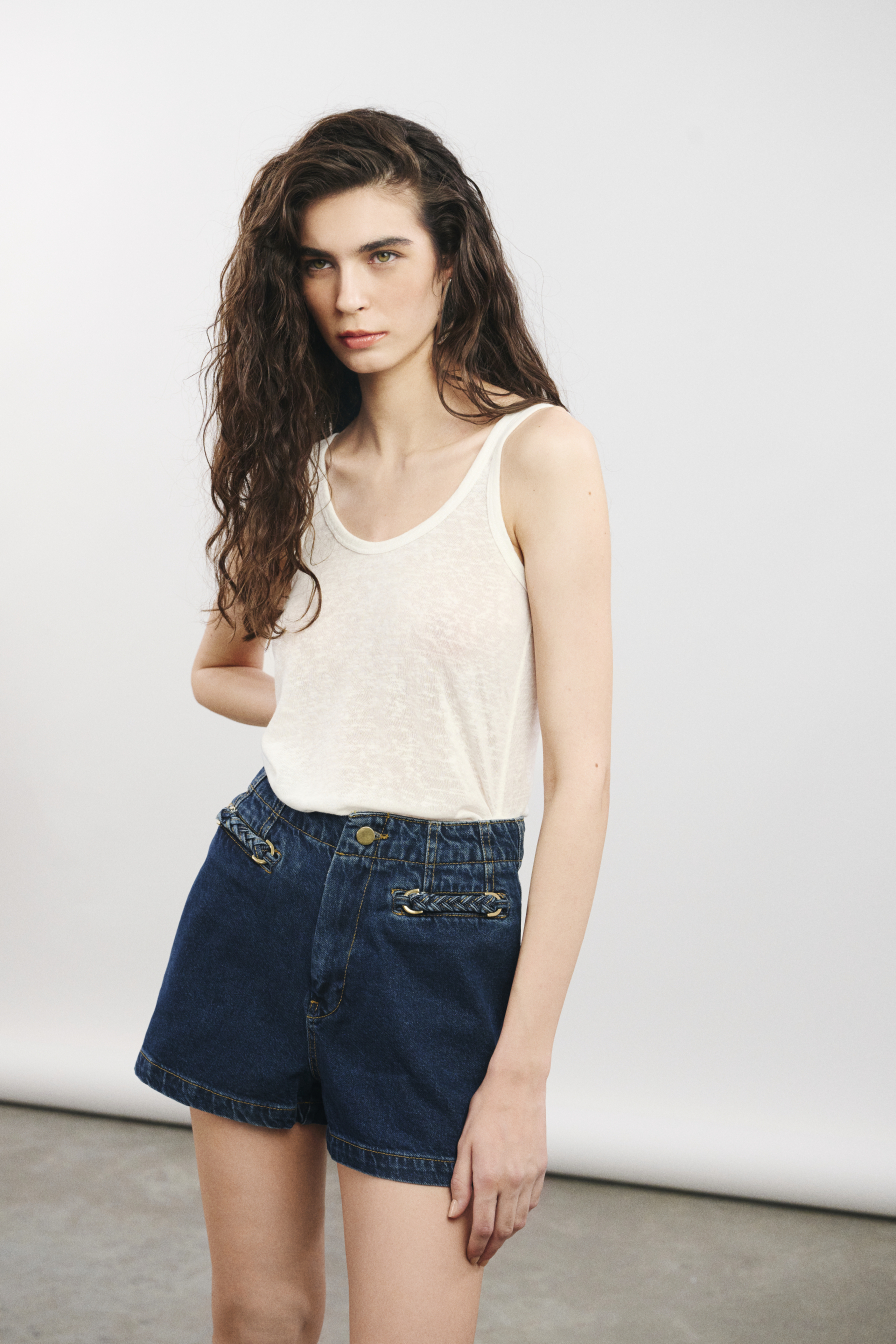 Cebi Örgü Detaylı Lacivert Denim Şort