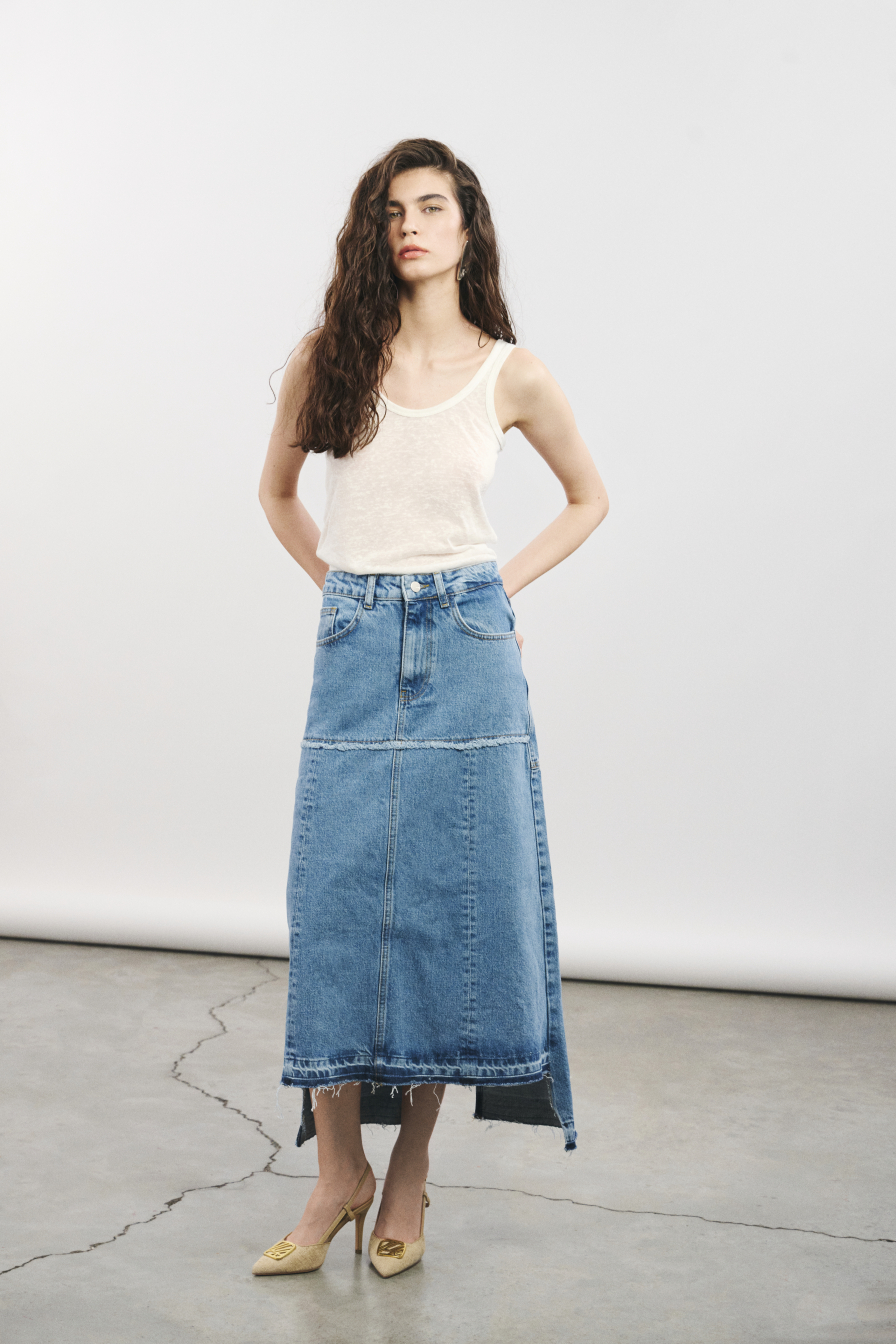 Taşlanmış Denim Uzun Etek