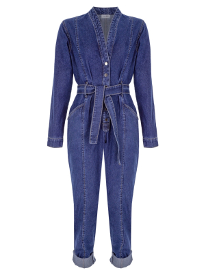 V Yaka Kemerli Denim Tulum